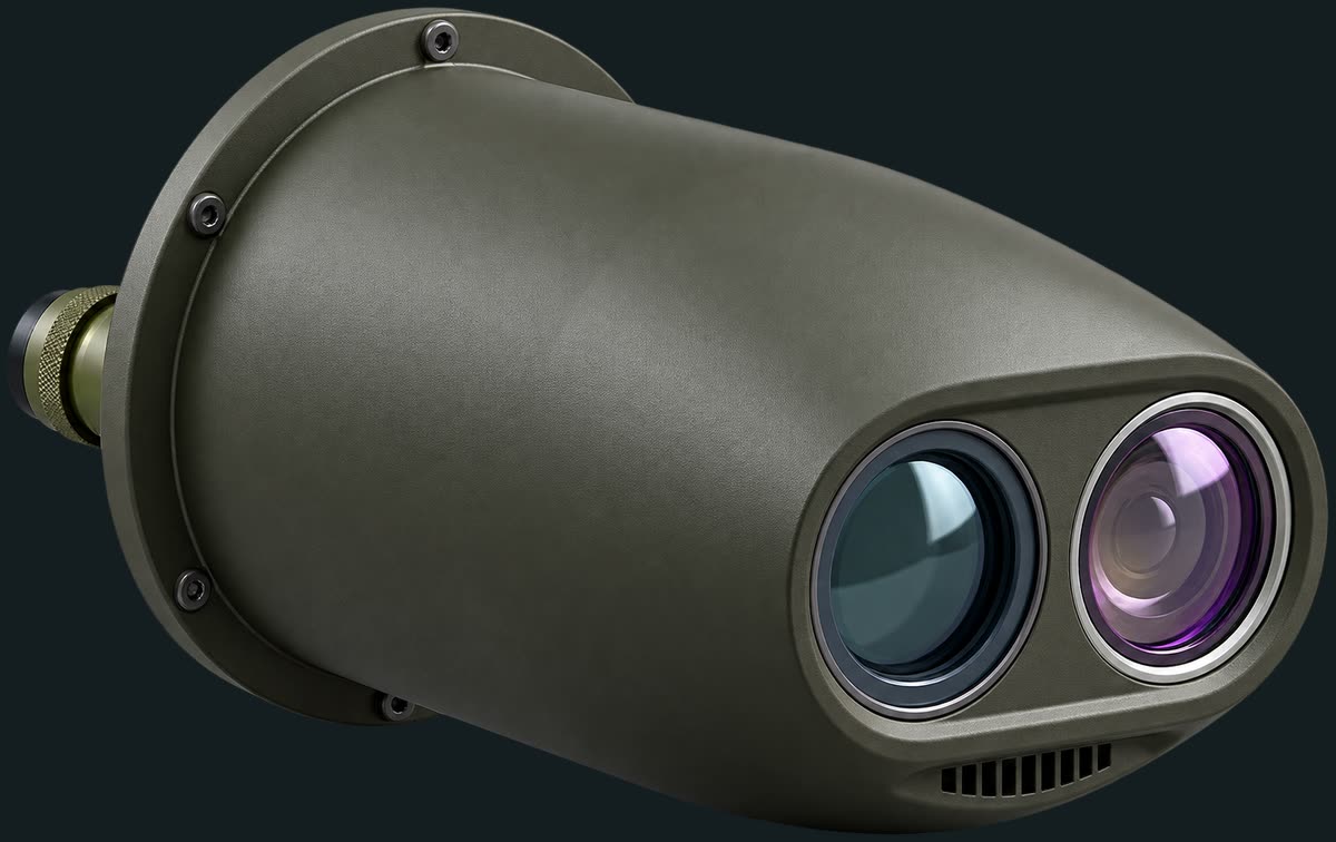 The Nightjar seeker: a sealed olive housing with two optical apertures on the angled front face, a vent below them, and a threaded connector at the rear.